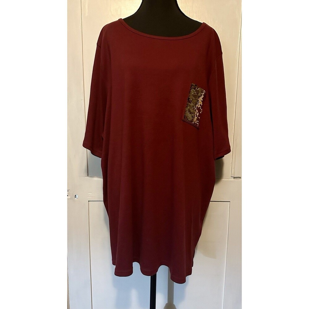 🖤Plus Size Maroon Tunic Top 3X Short Sleeve Sequin Pocket Casual Quacker Factory